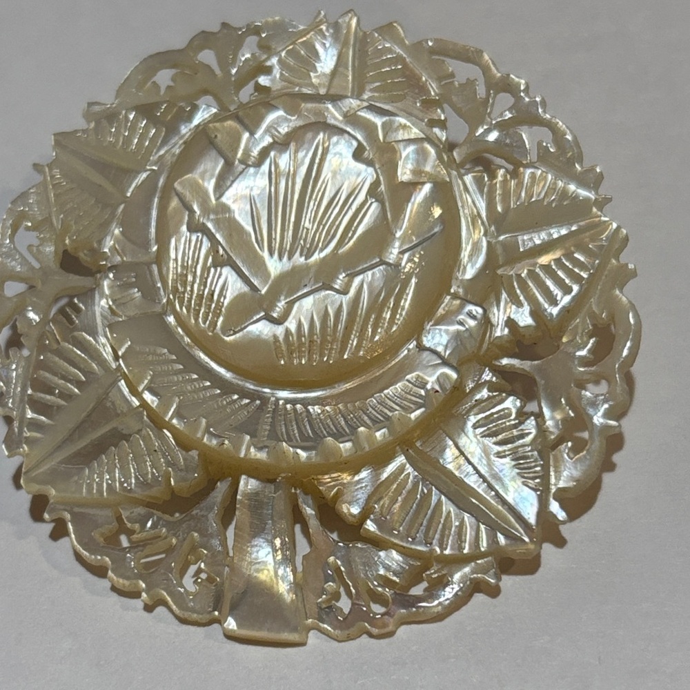 Vintage 1960s Mother of Pearl Carved Floral Brooch White Cream (1.75" x 1.75")